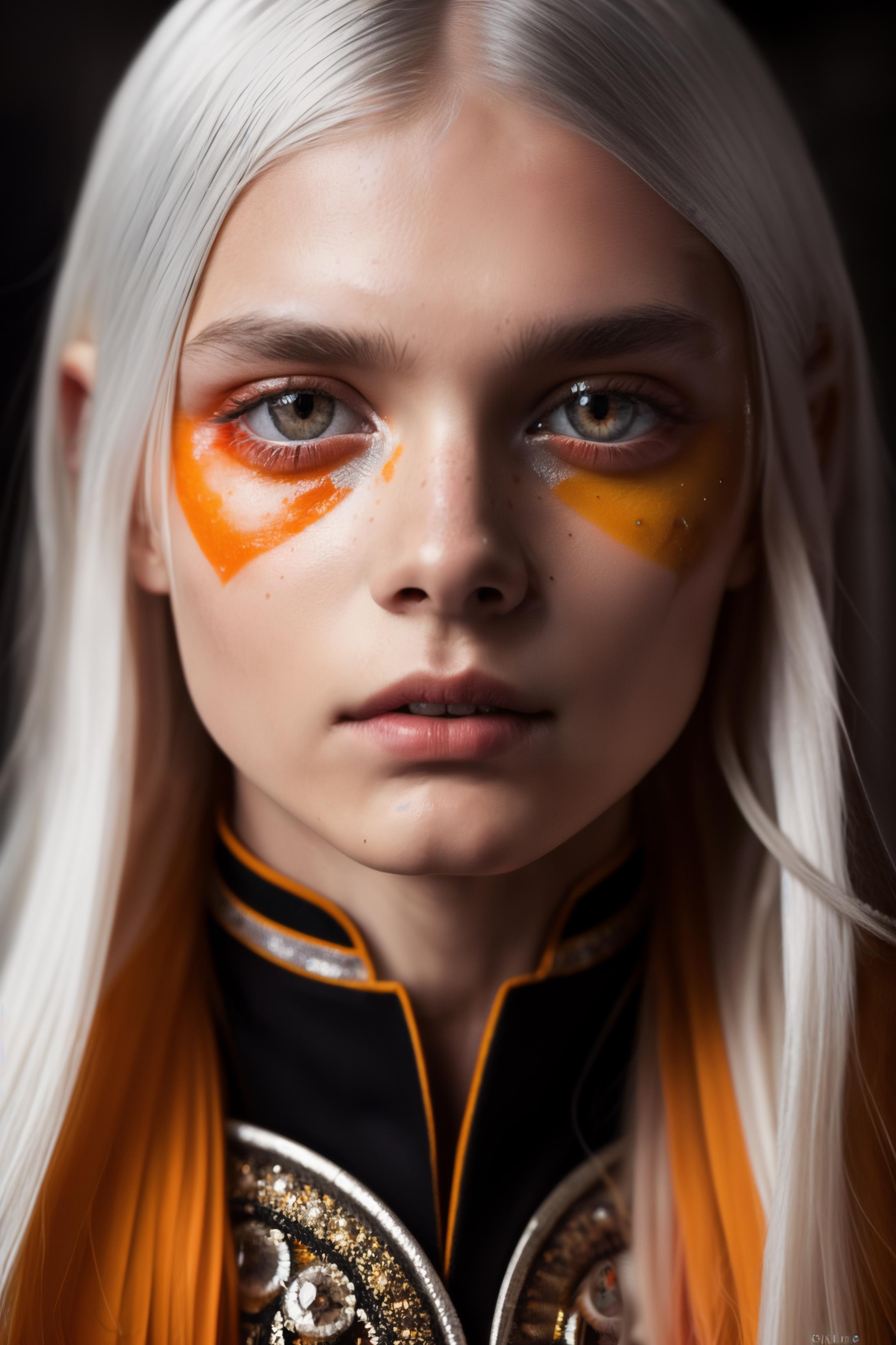 Magician, pale Roman silver hair, Yellow Orange (Color Wheel) eyes, frills, detailed skin, perfect face, fashion photograp...